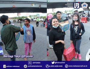 Mahasiswa Kampus Polinas LP3i Tamalanrea Makassar, bagikan takjil di Fly Over, Jalan AP Pettarani, Makassar, Sabtu (18/6/16).