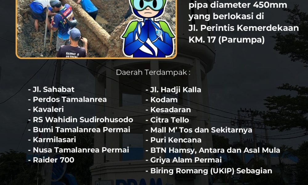 Informasi Kebocoran Pipa PDAM Makassar, Daerah Ini Terdampak